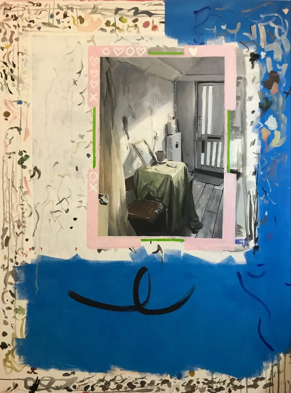 A Henry Monk interior painting suspended within a larger field of blue and cream marks.